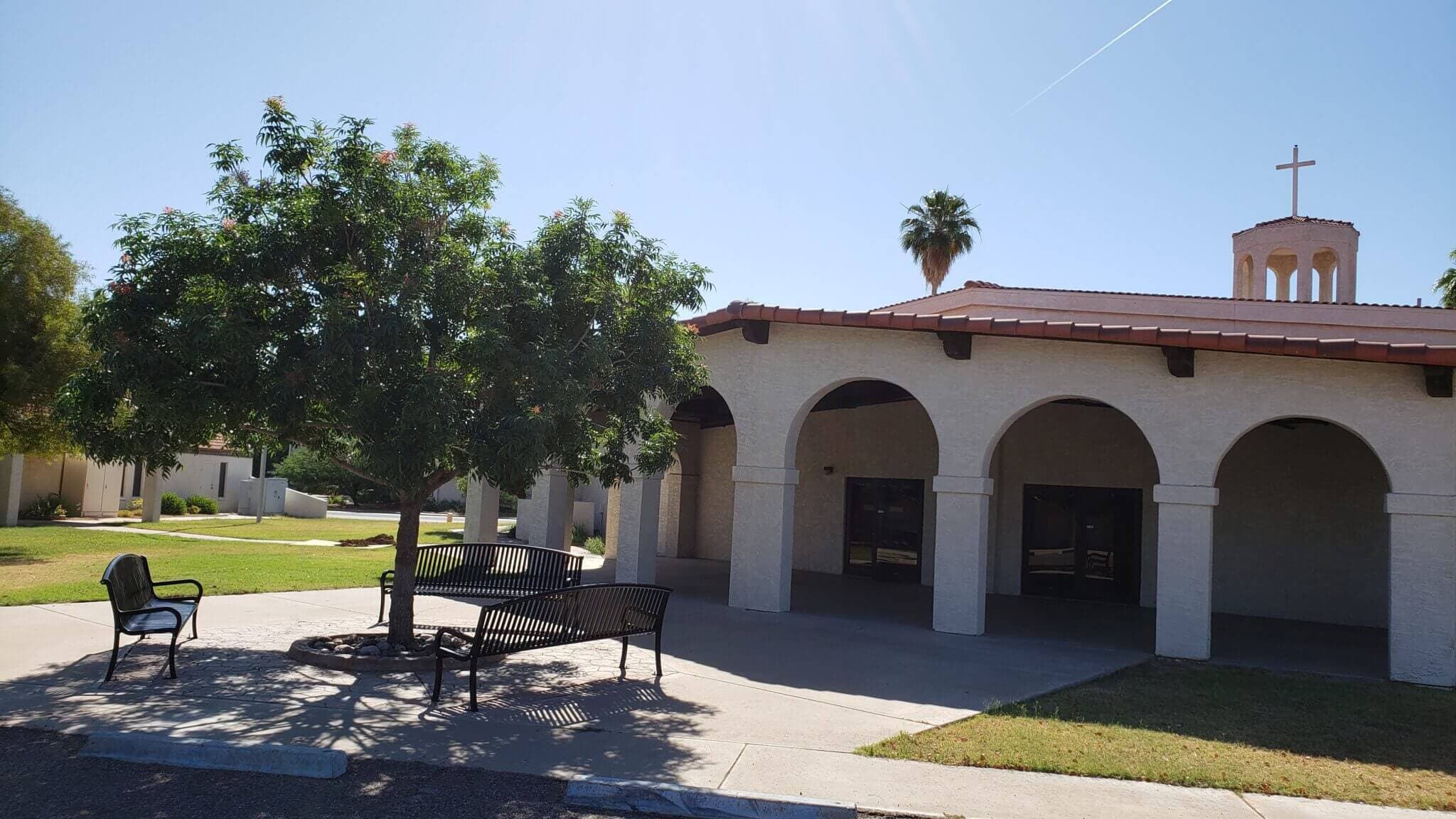 The College View Baptist Church campus courtyard