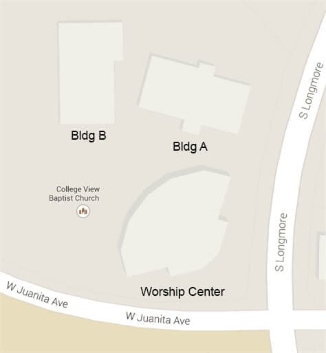 Campus directional map showing the Worship Center, Bldg A, and Bldg B off S Longmore and W Juanita Ave